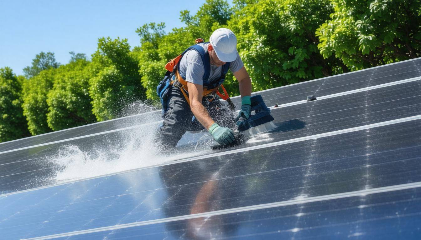 Technician cleaning solar panels